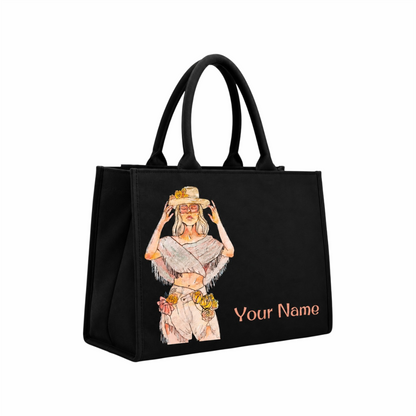 Personalized Fashion Girl Tote Bag – Custom Name DTF Printed Black Laptop Tote Bag