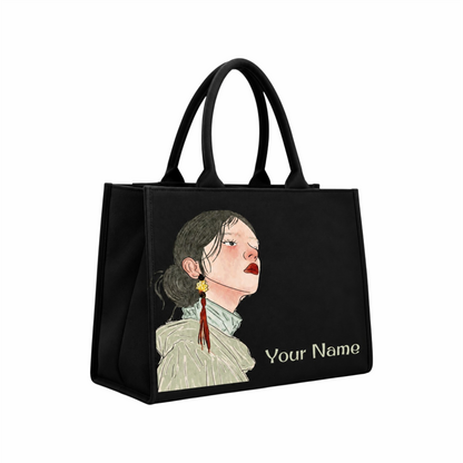 Personalized Women’s Portrait Tote Bag – Custom Name DTF Printed Black Laptop Tote Bag