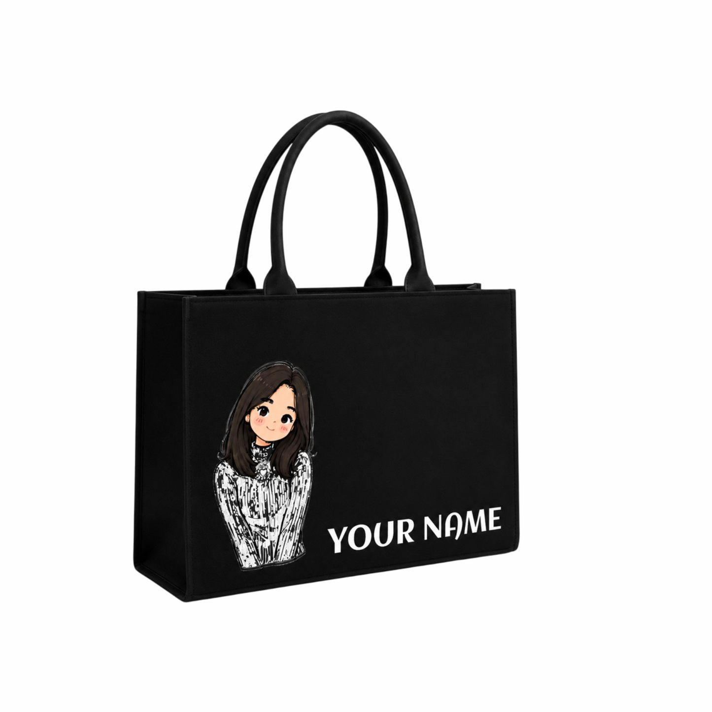 Personalized Cute Girl Name Black Canvas Tote Bag | Custom Aesthetic Shoulder Bag for Women