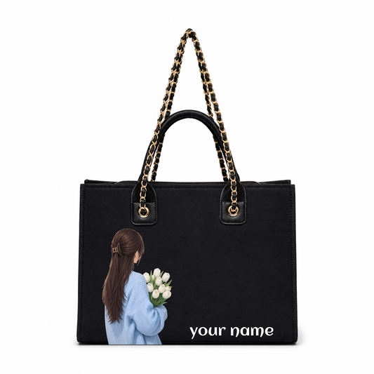 Personalized Girl With Flowers Black Tote Bag – Custom Name Handbag