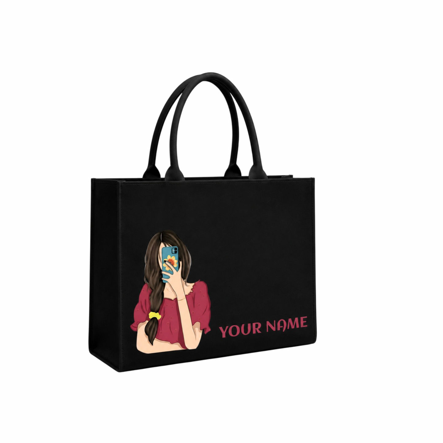 Personalized Selfie Girl Name Black Canvas Tote Bag | Custom Cute Shoulder Bag for Women & Girls