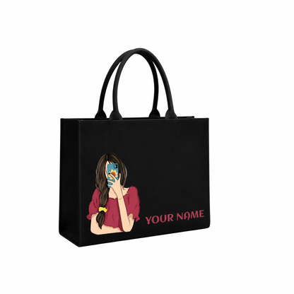 Personalized Selfie Girl Name Black Canvas Tote Bag | Custom Cute Shoulder Bag for Women & Girls