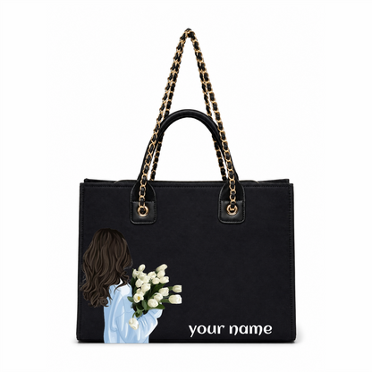 Personalized Black Floral Tote Bag – Custom Name Handbag for Women