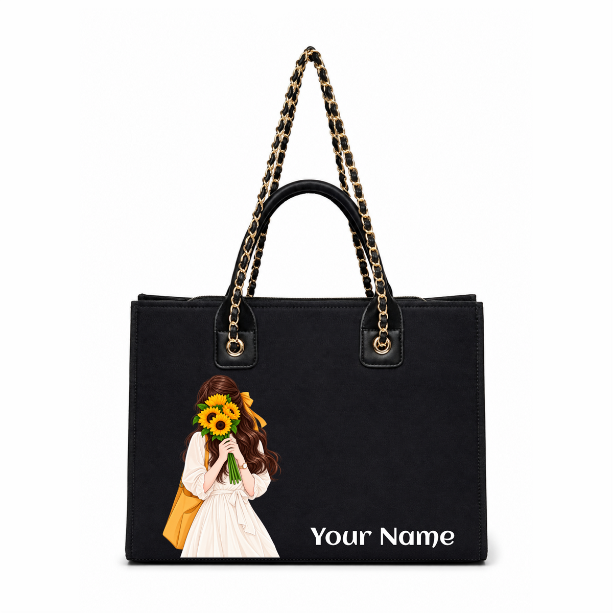 🌻 Personalized Black Sunflower Girl Canvas Tote Bag