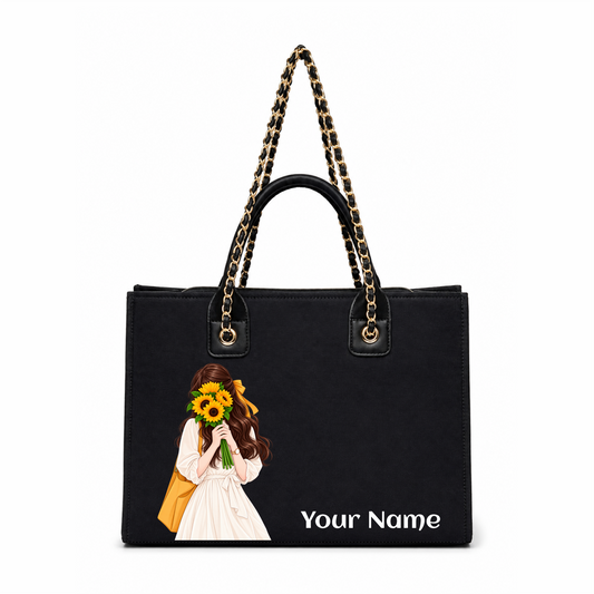 🌻 Personalized Black Sunflower Girl Canvas Tote Bag