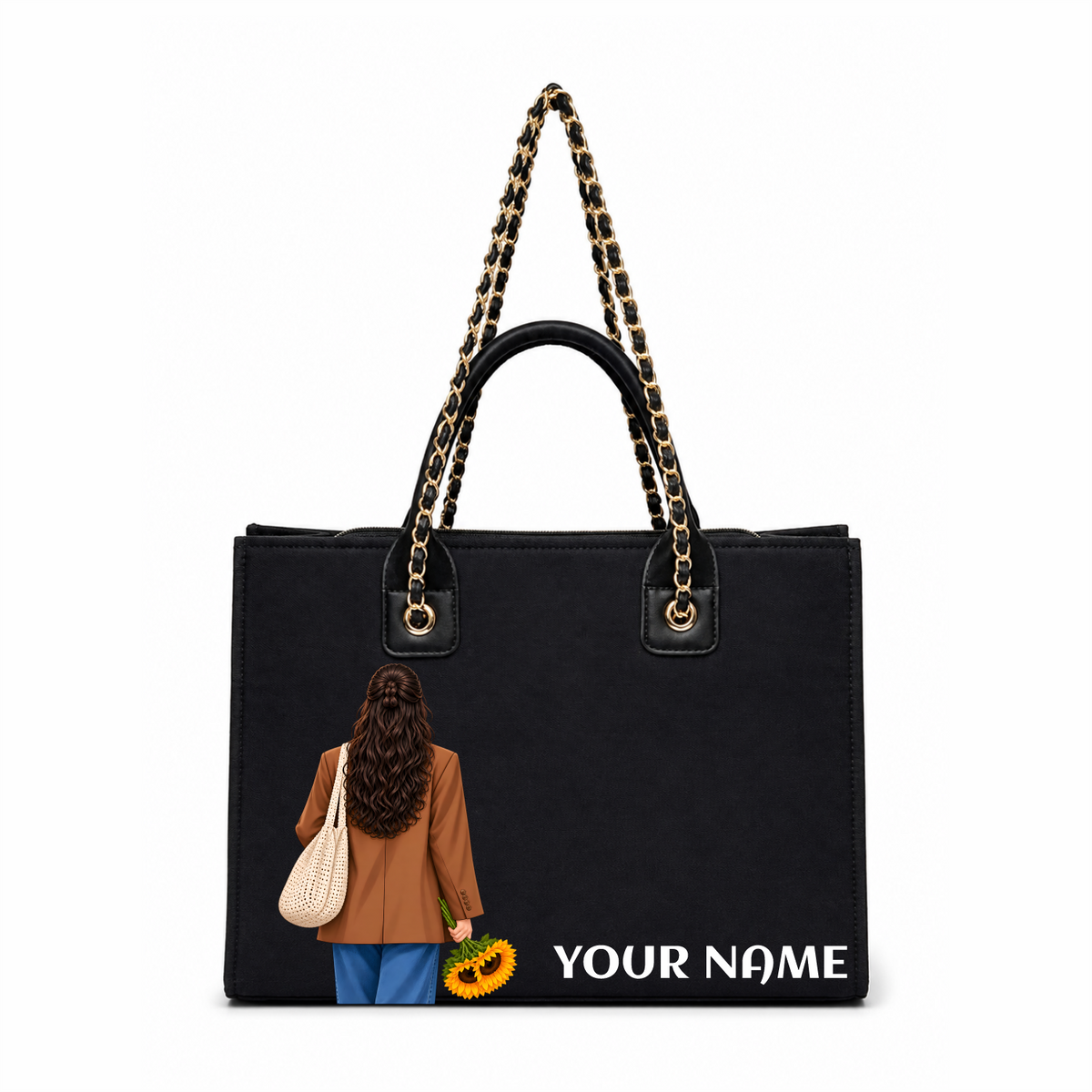 IN VALTRO – Personalized Black Laptop Tote Bag with Gold Chain Handles