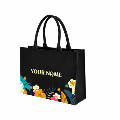 Personalized Midnight Bloom Floral Tote Bag – Custom Name Canvas Handbag