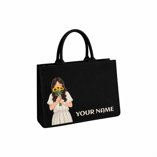Personalized Women's Black Tote Bag with Custom Name & Girl Print