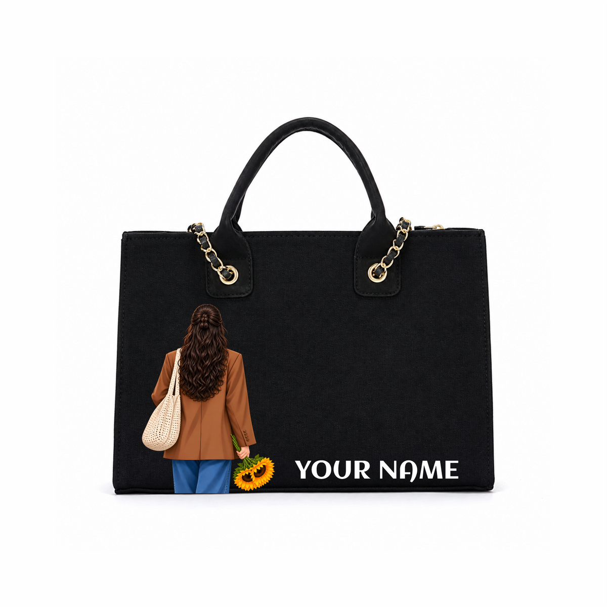 IN VALTRO – Personalized Black Laptop Tote Bag with Gold Chain Handles