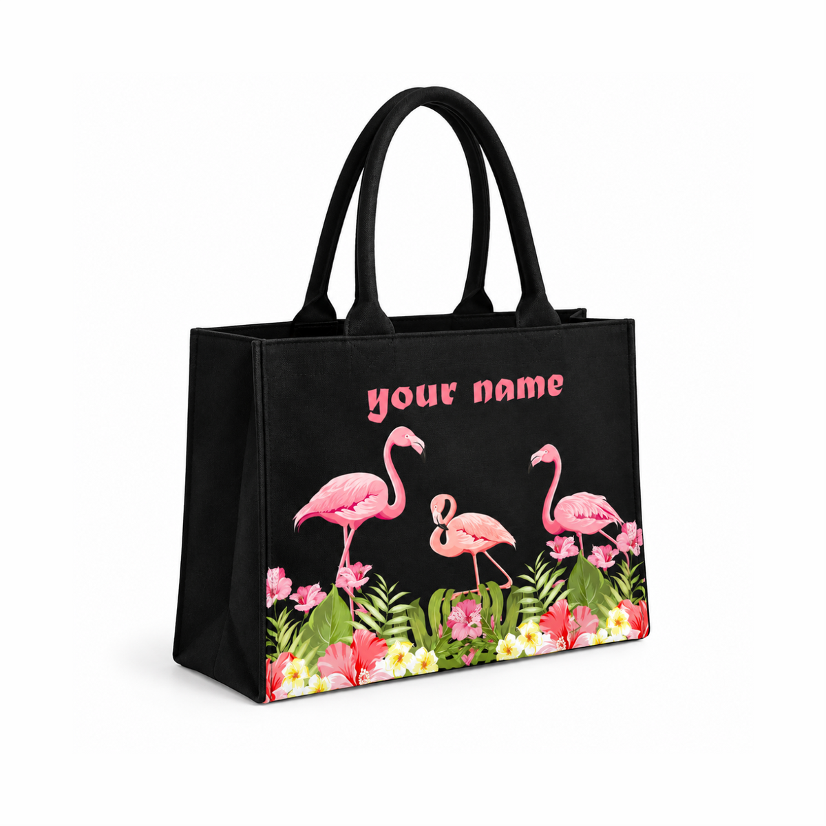 Personalized In Valtro Flamingo Print Tote Bag for Women | Spacious Black canvas matty Handbag