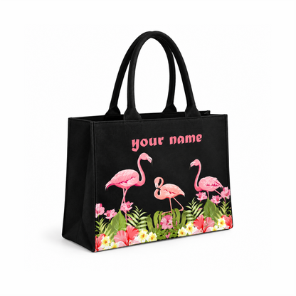 Personalized In Valtro Flamingo Print Tote Bag for Women | Spacious Black canvas matty Handbag