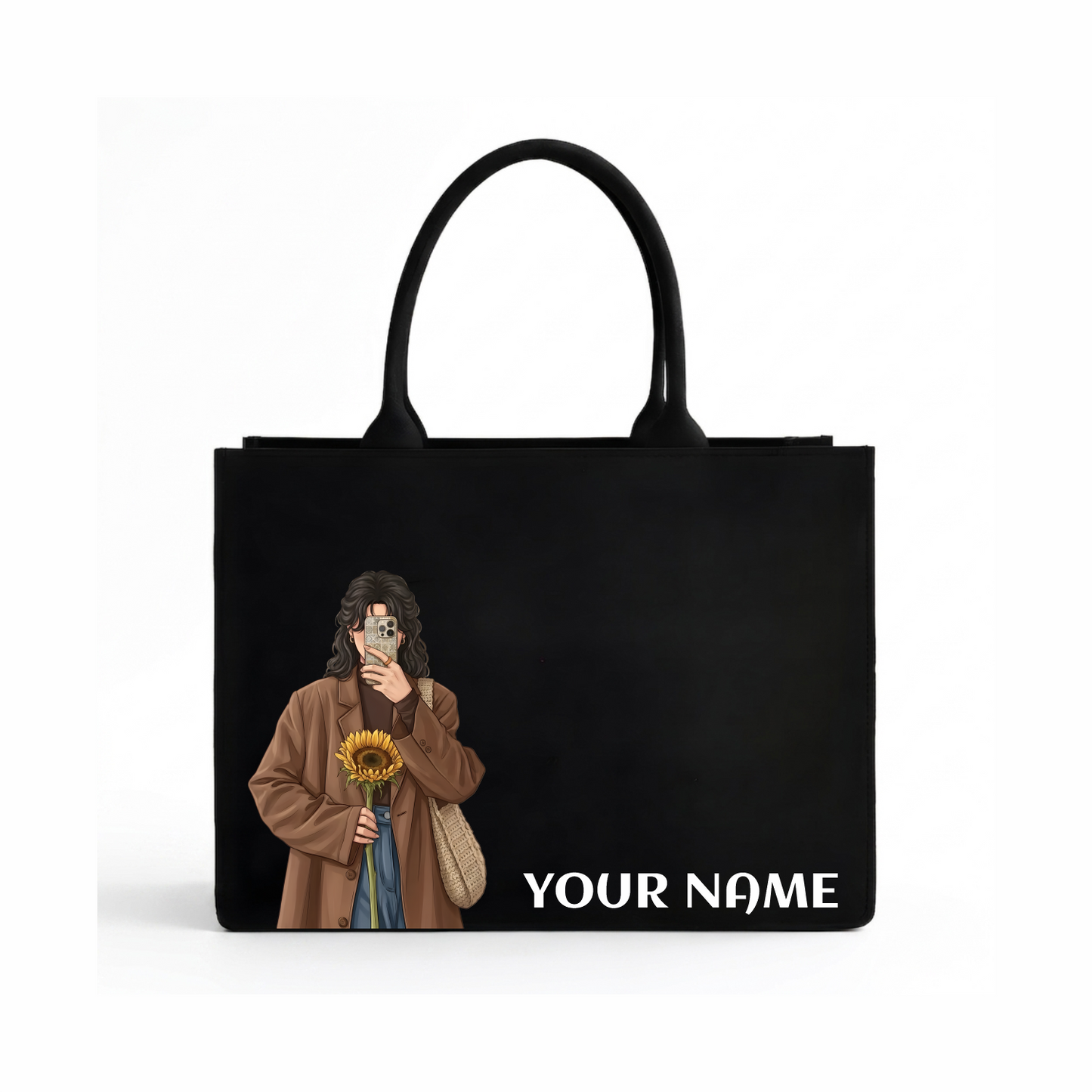 Personalized Black Tote Bag with Custom Name&Girl Illustration