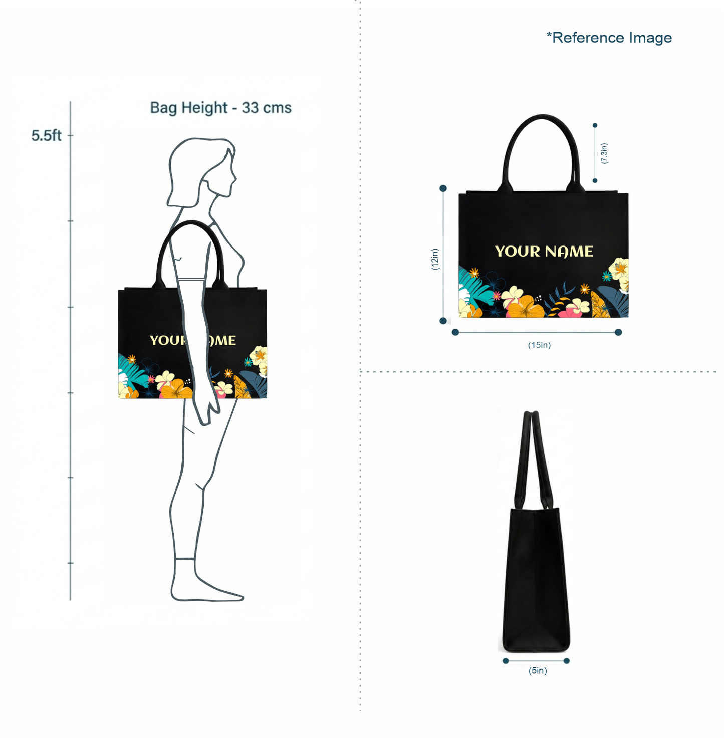 Personalized Midnight Bloom Floral Tote Bag – Custom Name Canvas Handbag