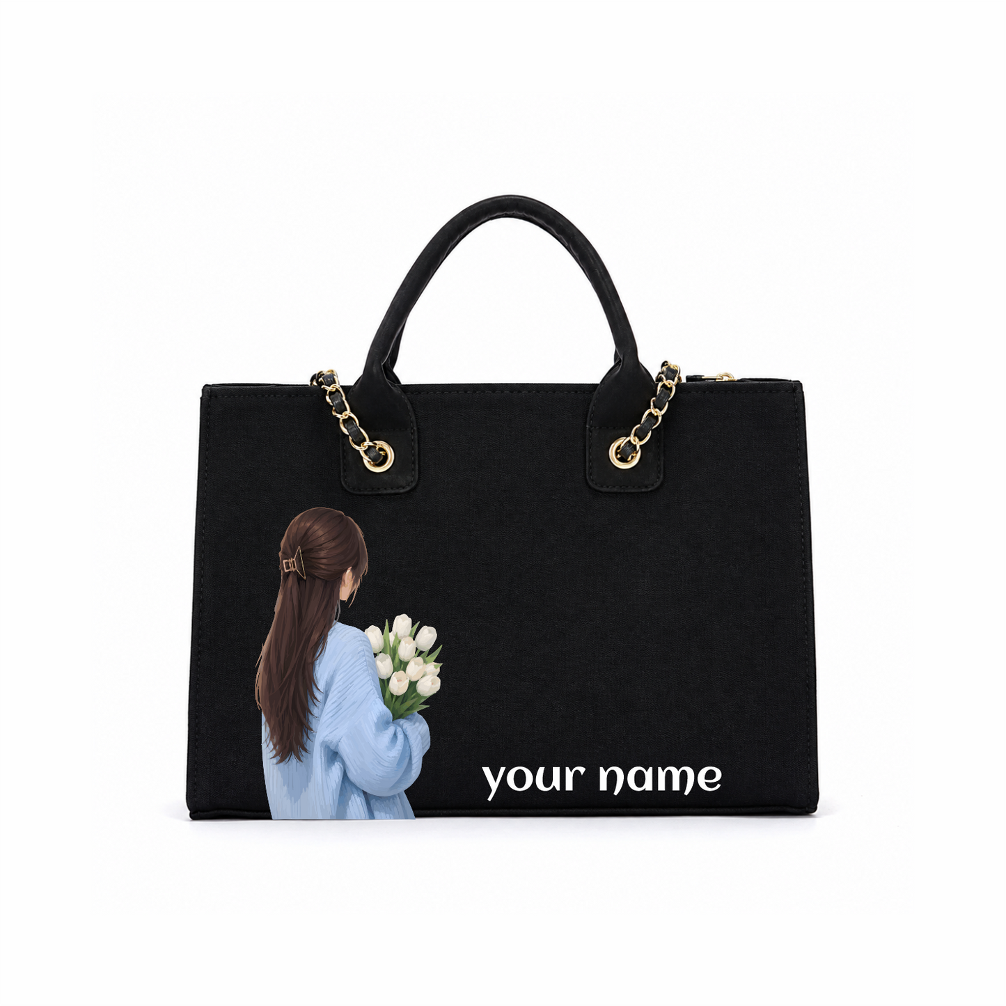 Personalized Girl With Flowers Black Tote Bag – Custom Name Handbag
