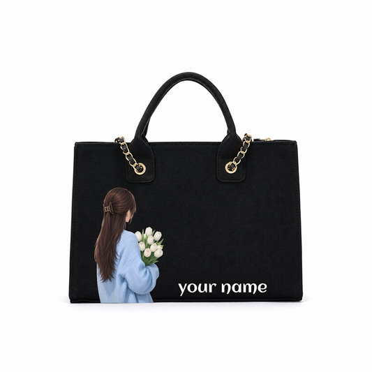 Personalized Girl With Flowers Black Tote Bag – Custom Name Handbag