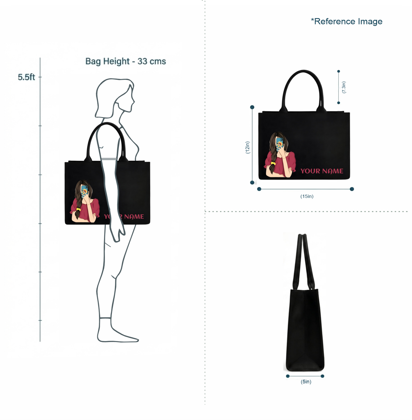 Personalized Selfie Girl Name Black Canvas Tote Bag | Custom Cute Shoulder Bag for Women & Girls
