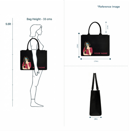 Personalized Selfie Girl Name Black Canvas Tote Bag | Custom Cute Shoulder Bag for Women & Girls