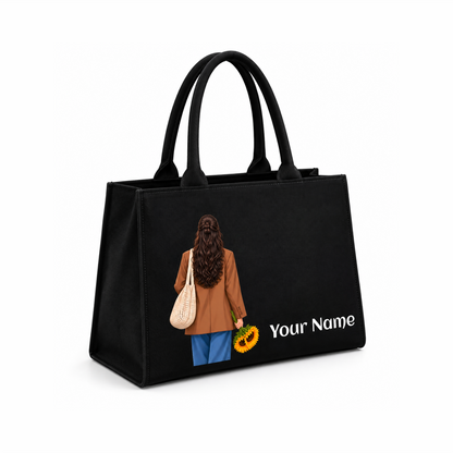 Personalized Black Canvas Tote Bag with Custom Name & Sunflower Design
