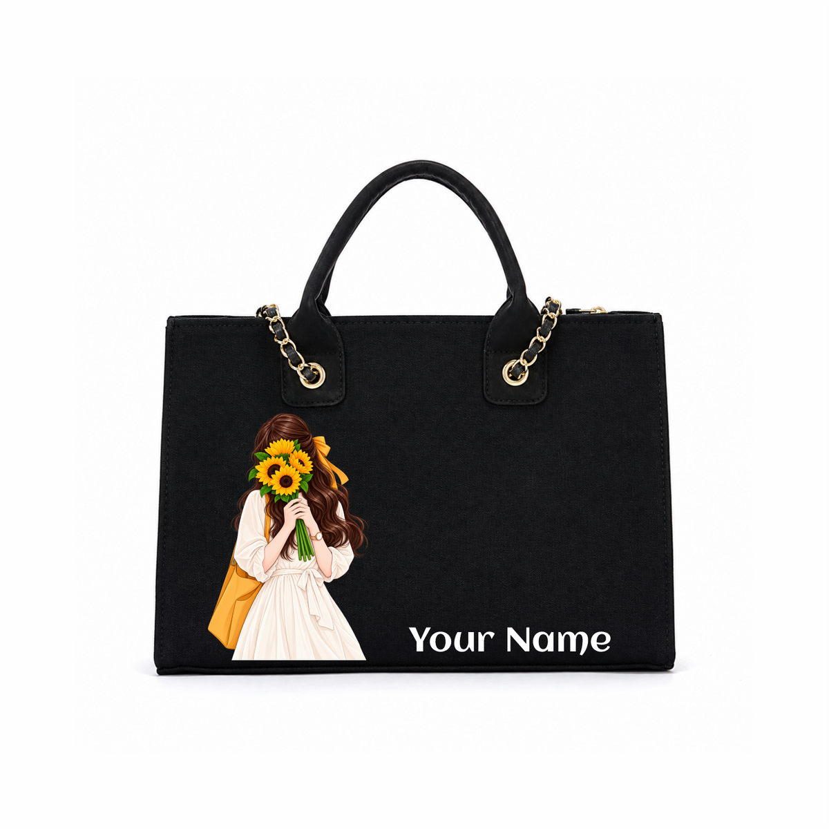 🌻 Personalized Black Sunflower Girl Canvas Tote Bag