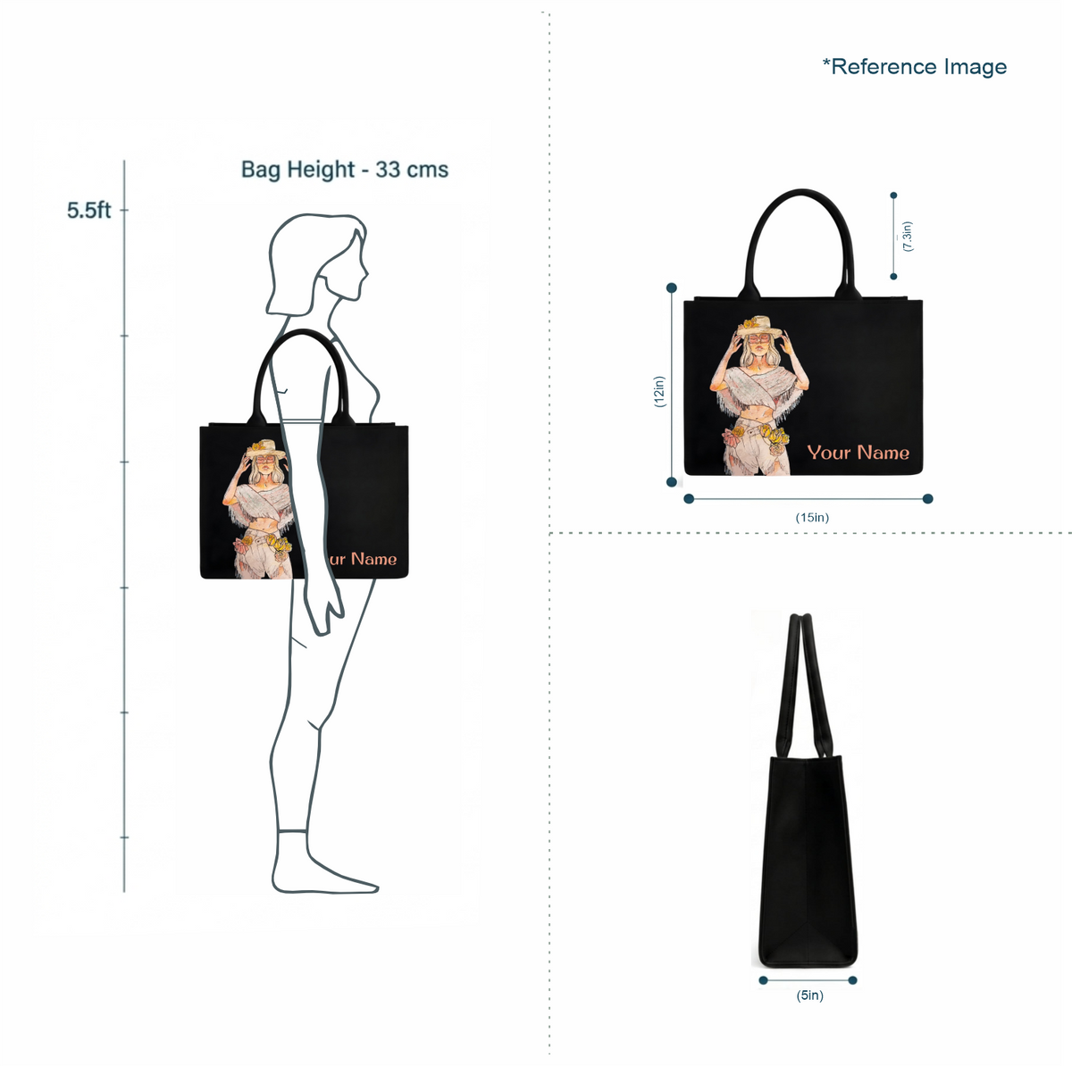 Personalized Fashion Girl Tote Bag – Custom Name DTF Printed Black Laptop Tote Bag