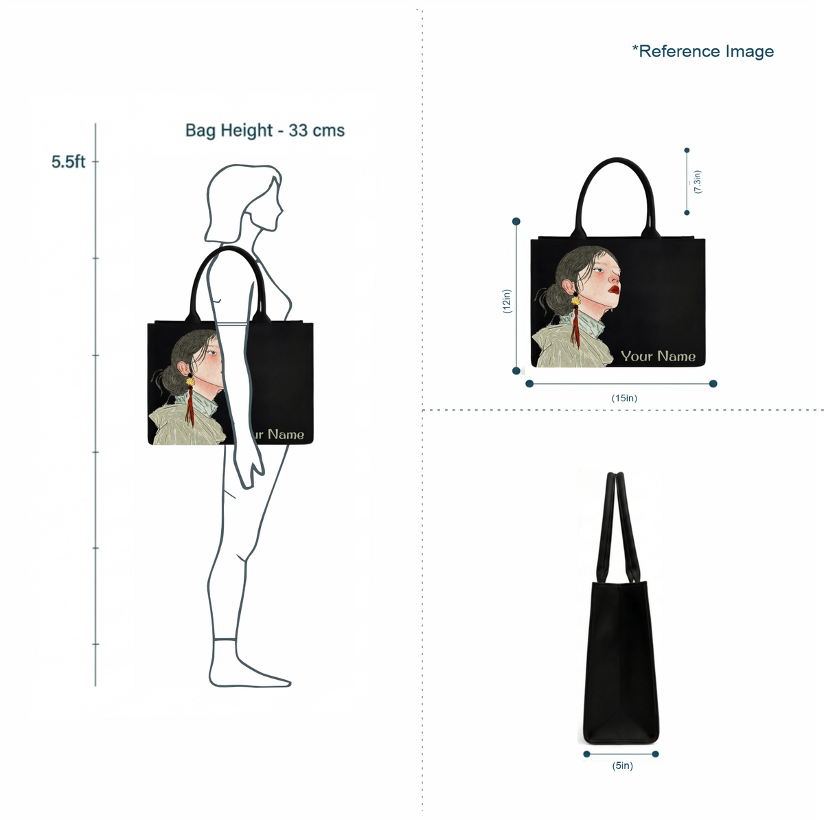 Personalized Women’s Portrait Tote Bag – Custom Name DTF Printed Black Laptop Tote Bag
