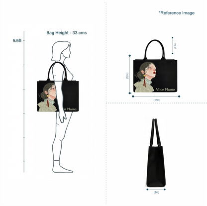 Personalized Women’s Portrait Tote Bag – Custom Name DTF Printed Black Laptop Tote Bag