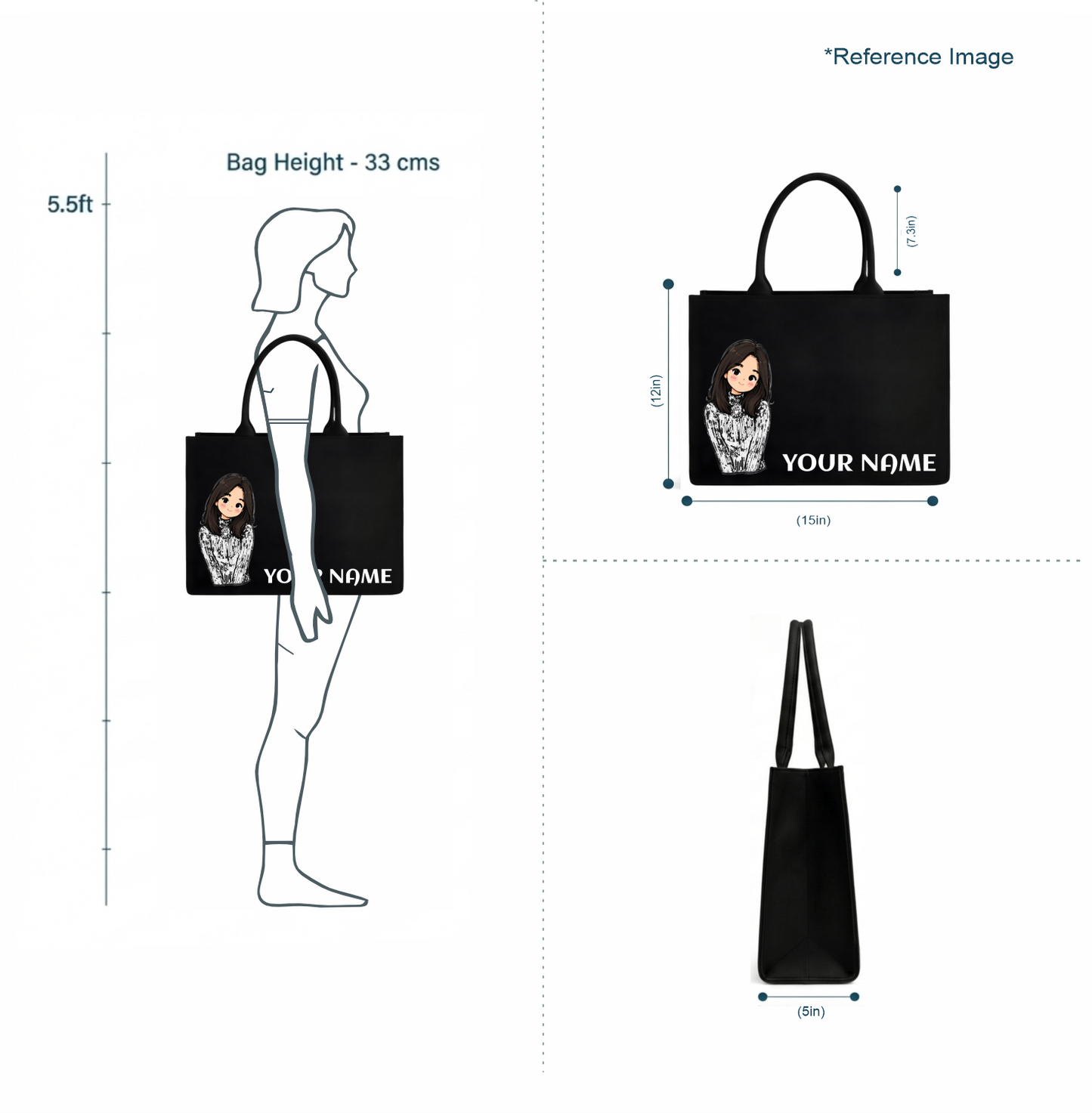 Personalized Cute Girl Name Black Canvas Tote Bag | Custom Aesthetic Shoulder Bag for Women
