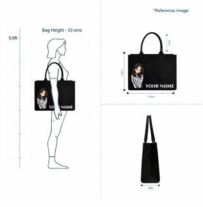 Personalized Cute Girl Name Black Canvas Tote Bag | Custom Aesthetic Shoulder Bag for Women