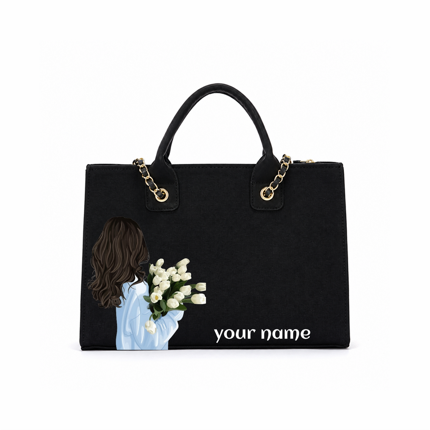 Personalized Black Floral Tote Bag – Custom Name Handbag for Women