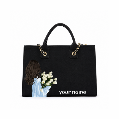Personalized Black Floral Tote Bag – Custom Name Handbag for Women