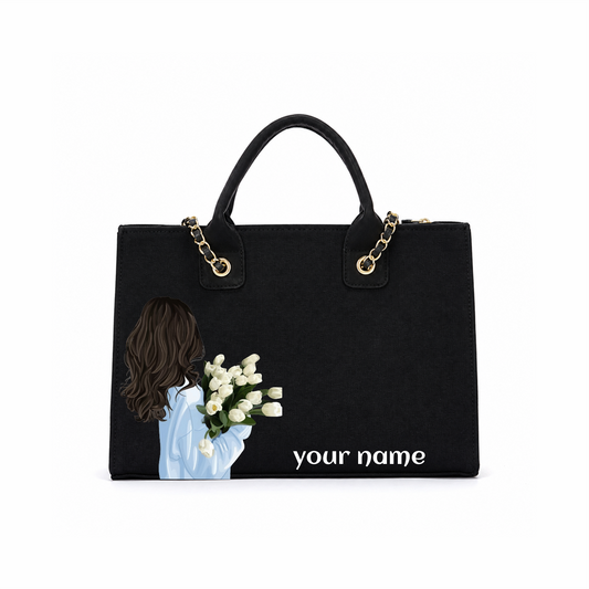Personalized Black Floral Tote Bag – Custom Name Handbag for Women