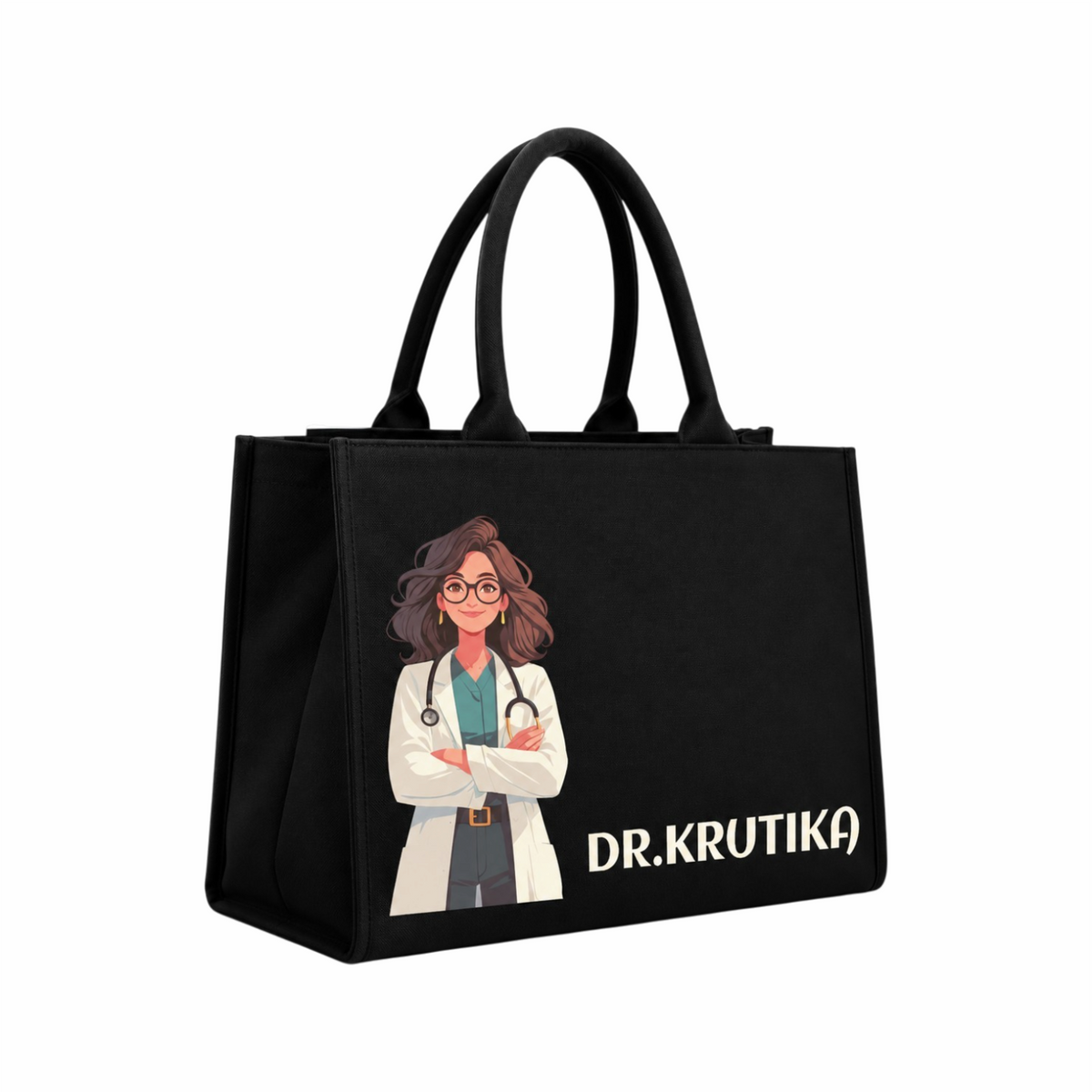 Personalized Doctor Name & Photo Printed Black Laptop Tote Bag – Custom DTF Printed Work & Office Bag