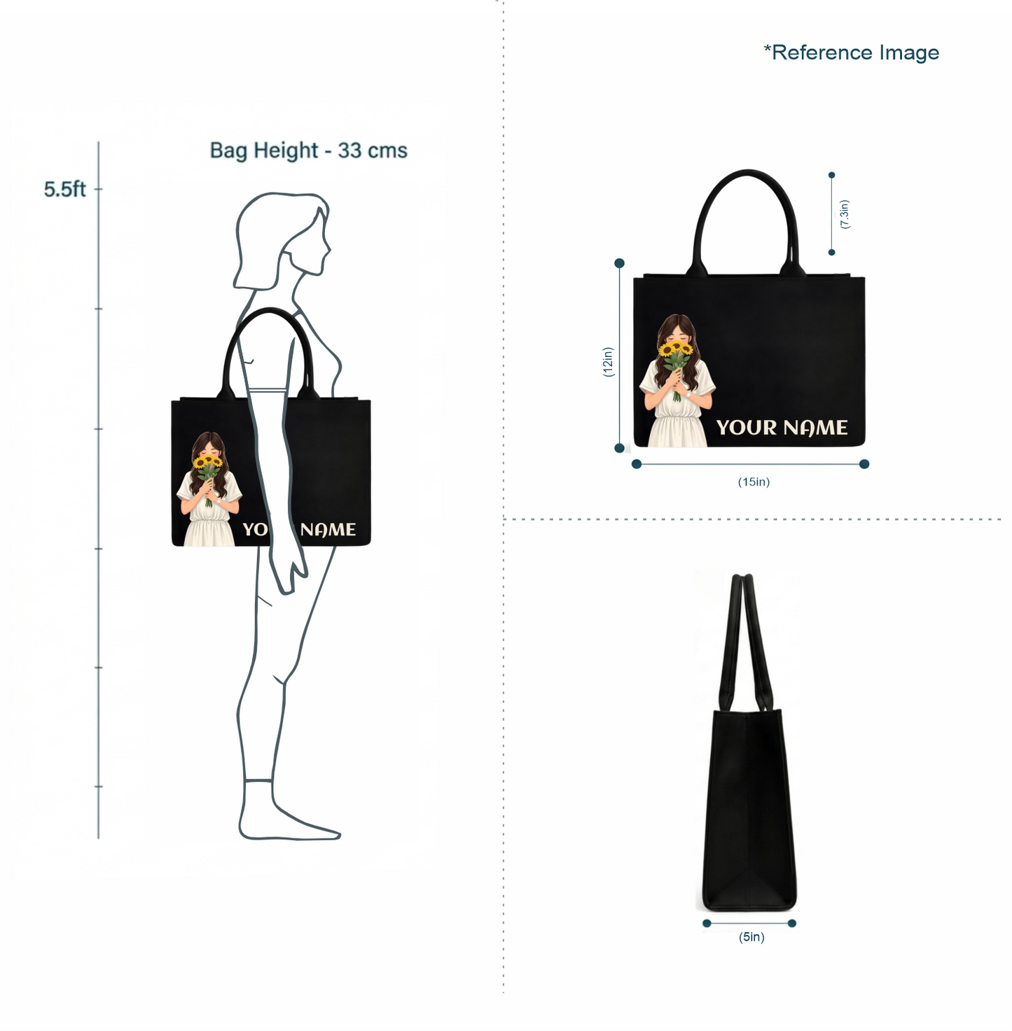 Personalized Women's Black Tote Bag with Custom Name & Girl Print