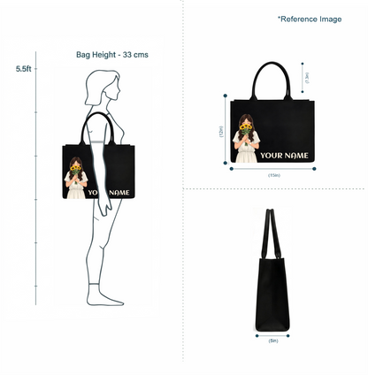 Personalized Women's Black Tote Bag with Custom Name & Girl Print