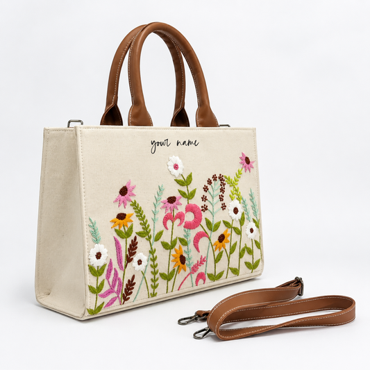 Personalized Floral Embroidered Canvas Office Tote Bag