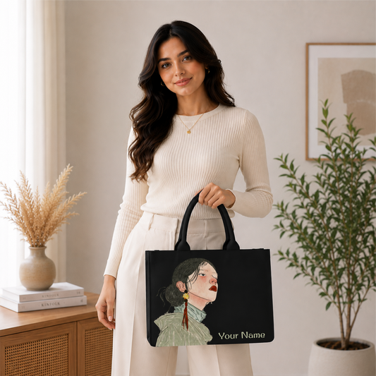 Personalized Women’s Portrait Tote Bag – Custom Name DTF Printed Black Laptop Tote Bag