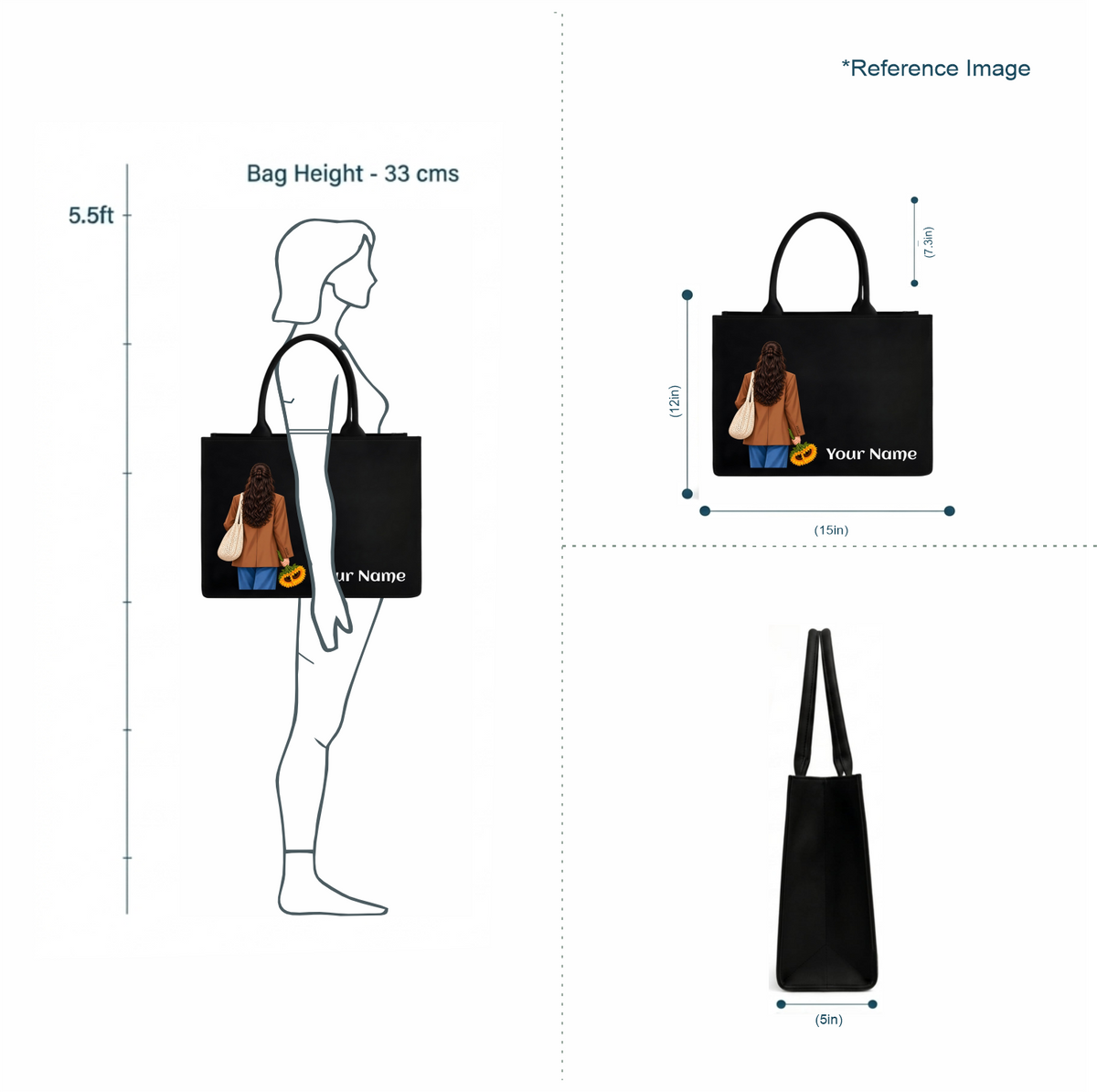 Personalized Black Canvas Tote Bag with Custom Name & Sunflower Design