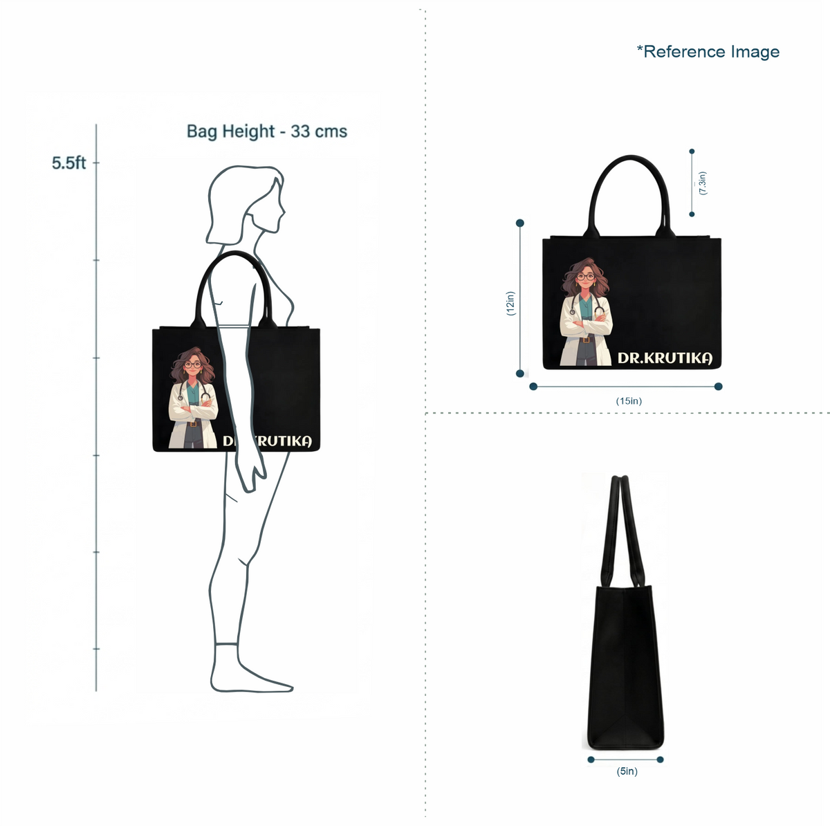 Personalized Doctor Name & Photo Printed Black Laptop Tote Bag – Custom DTF Printed Work & Office Bag