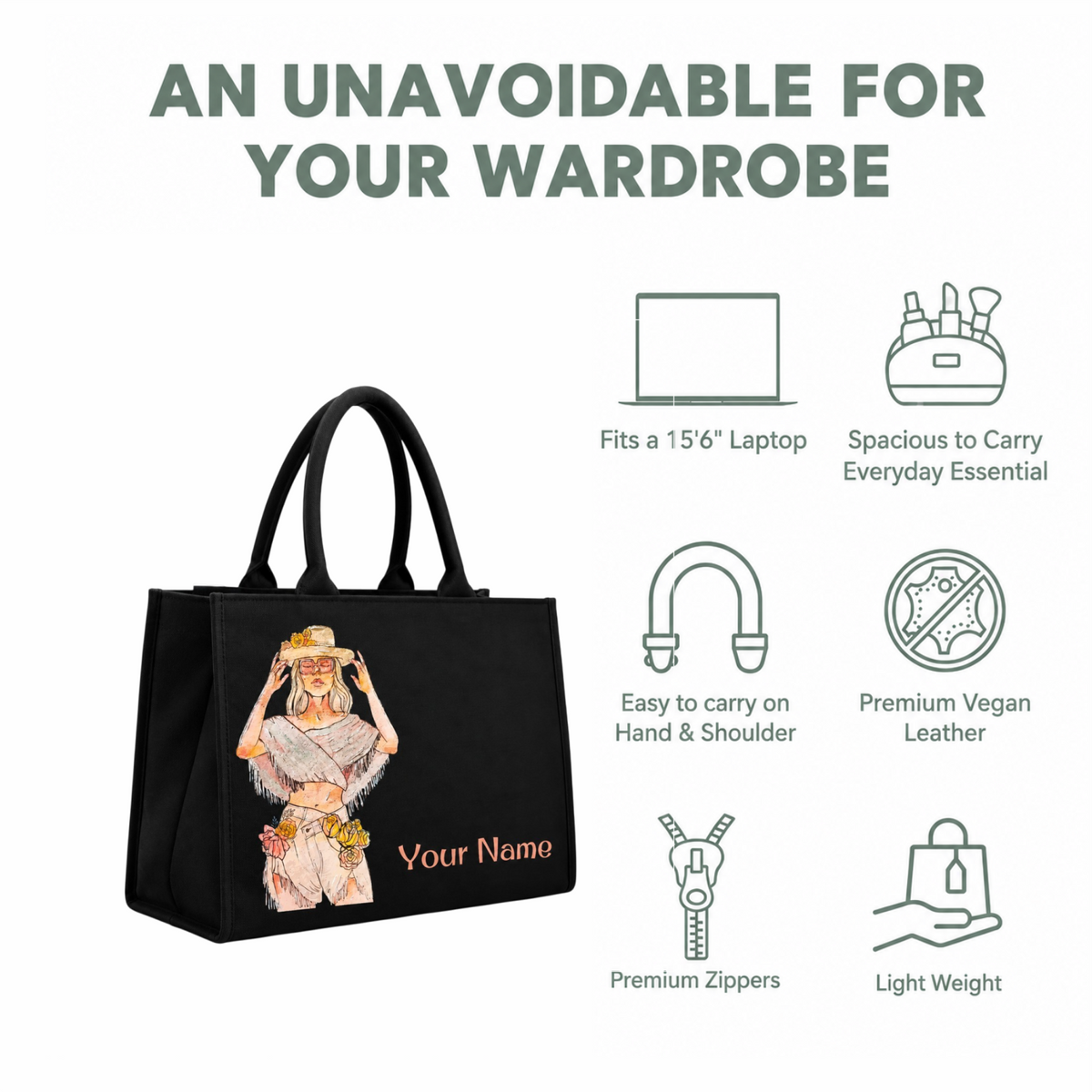 Personalized Fashion Girl Tote Bag – Custom Name DTF Printed Black Laptop Tote Bag
