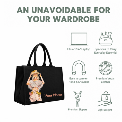 Personalized Fashion Girl Tote Bag – Custom Name DTF Printed Black Laptop Tote Bag