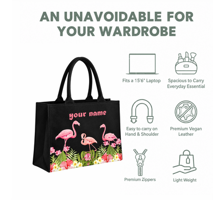 Personalized In Valtro Flamingo Print Tote Bag for Women | Spacious Black canvas matty Handbag