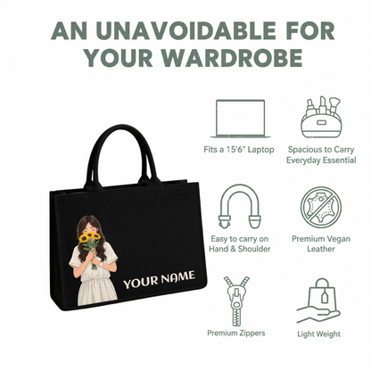 Personalized Women's Black Tote Bag with Custom Name & Girl Print