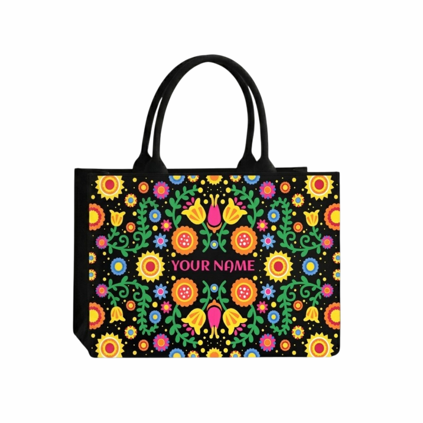 Personalized Folk Floral Tote Bag – Custom Name Ethnic Handbag with Vibrant Boho Print