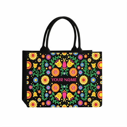 Personalized Folk Floral Tote Bag – Custom Name Ethnic Handbag with Vibrant Boho Print
