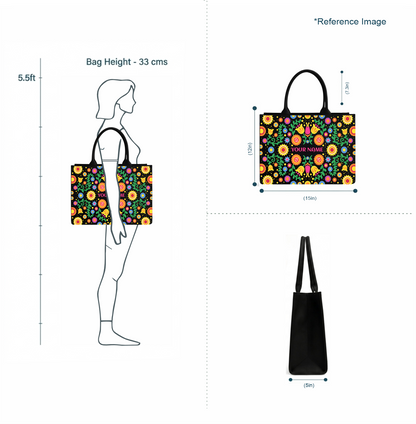 Personalized Folk Floral Tote Bag – Custom Name Ethnic Handbag with Vibrant Boho Print