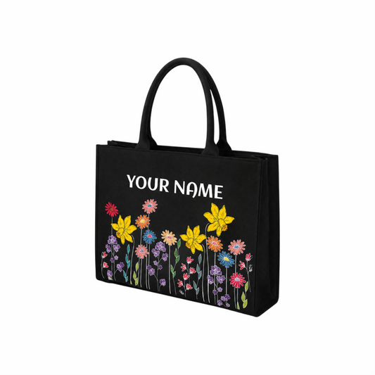 Personalized Floral Name Tote Bag for Women – Premium Black Vegan Leather Shoulder Tote