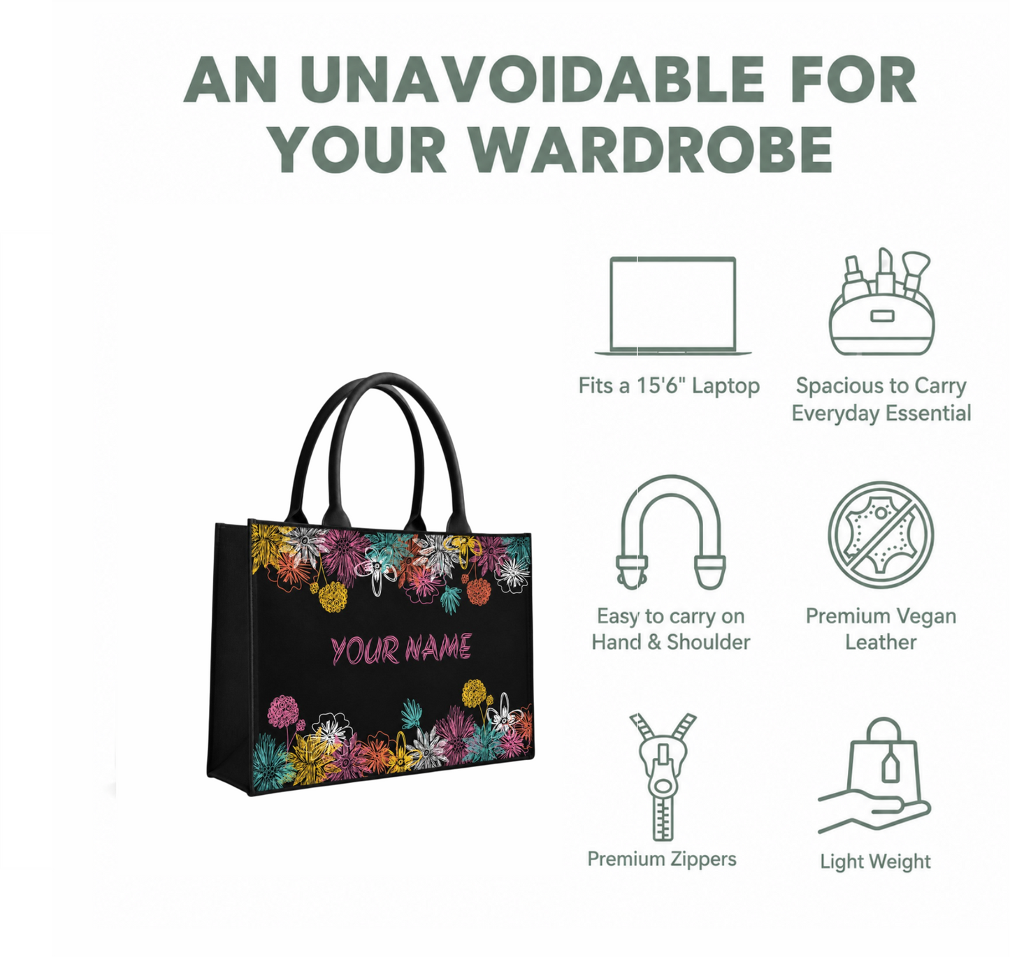 Personalized Floral Black Tote Bag – Custom Name Gift for Women