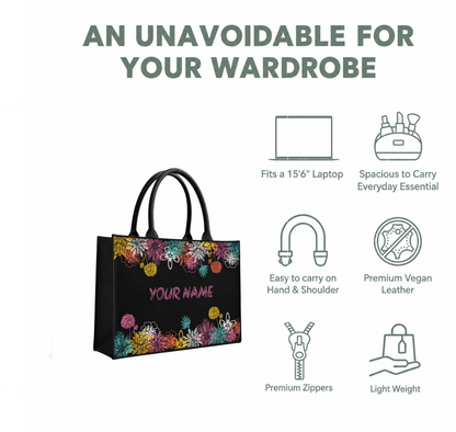 Personalized Floral Black Tote Bag – Custom Name Gift for Women