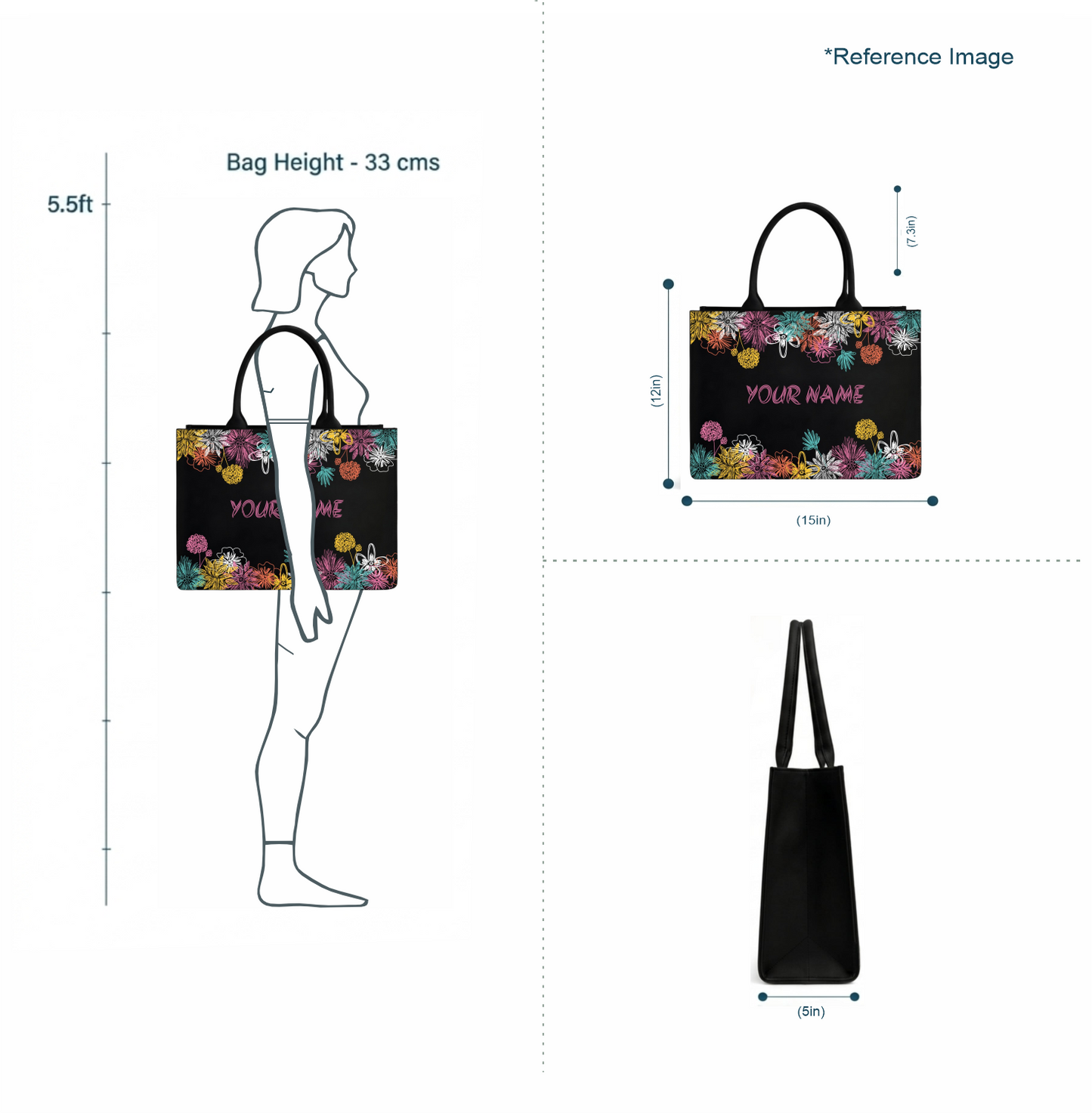 Personalized Floral Black Tote Bag – Custom Name Gift for Women