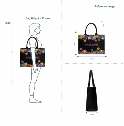 Personalized Floral Black Tote Bag – Custom Name Gift for Women